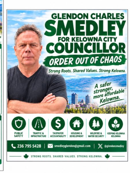 Campaign poster showing Glendon Smedley with arms crossed in front of a Kelowna skyline, with the slogan "Order out of chaos" and icons for public safety, traffic, taxpayer accountability, housing, wildfire and water security, and "Keeping Kelowna Kelowna"